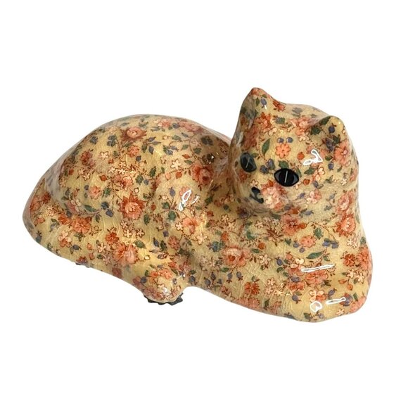 Vintage MCM Cat Vintage Ceramic Cat 70s Decoupage Beige Patchwork - Picture 2 of 9